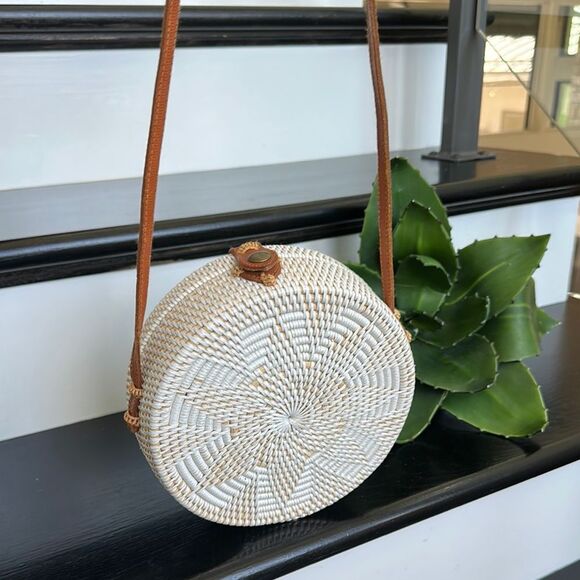 Woven Rattan Circle Bag, Leather Strap, Boho Crossbody Purse, Like New - Picture 1 of 8